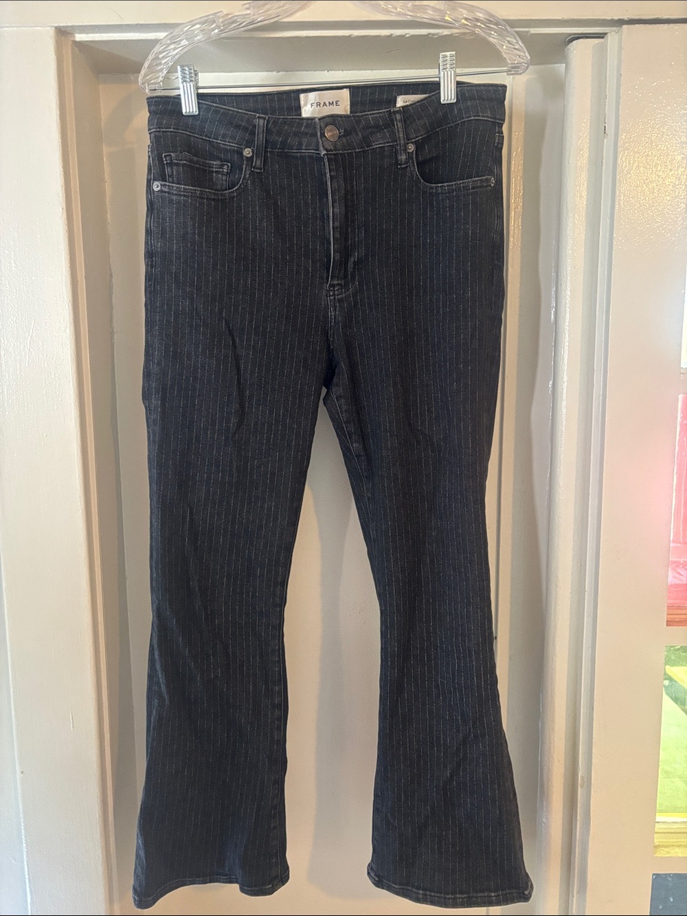 Frame Denim Black Pinstripe Flare Jeans with Subtle White Stripes